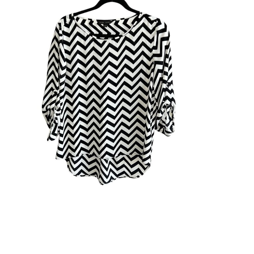 Dora Landa 100% Silk Black White Zigzag Hi Lo Blouse Sleeve Tabs Size Small